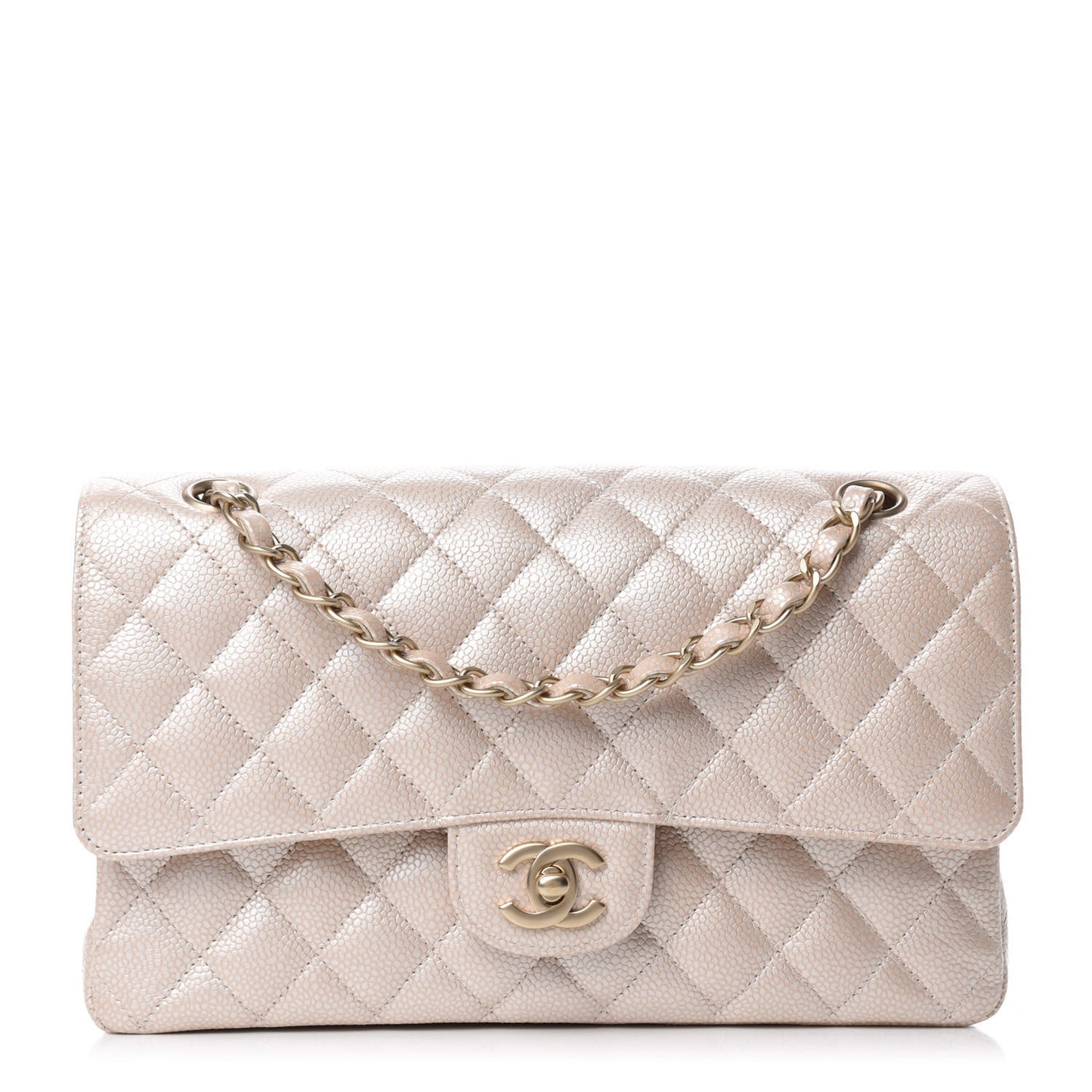 Pearly Caviar Quilted Medium Double Flap Light Beige