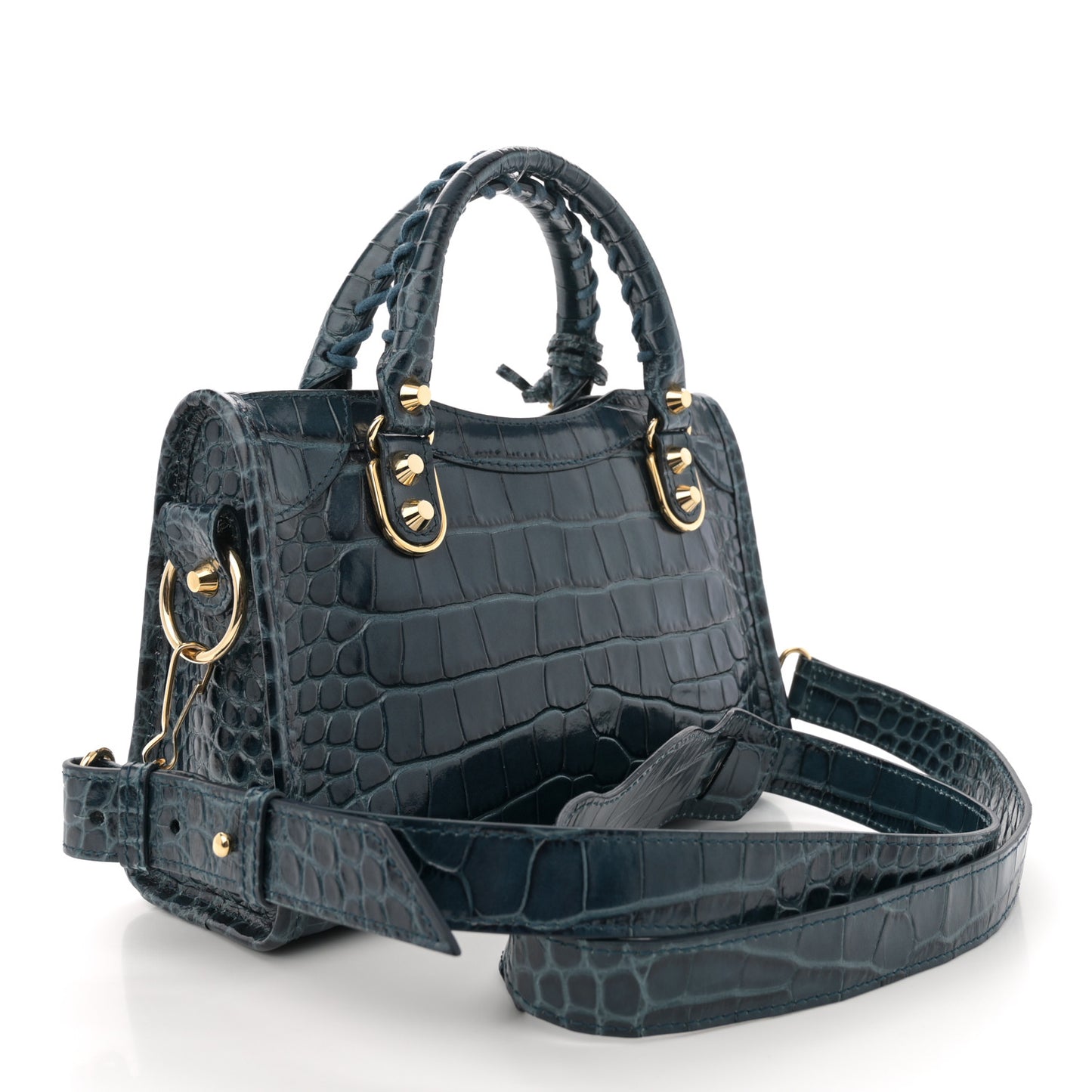 Shiny Supple Calfskin Crocodile Embossed Gold Metallic Edge Hardware Mini City Bleu Marine