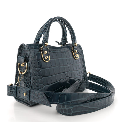 Balenciaga Shiny Supple Calfskin Crocodile Embossed Gold Metallic Edge Hardware Mini City Bleu Marine 4 of 11
