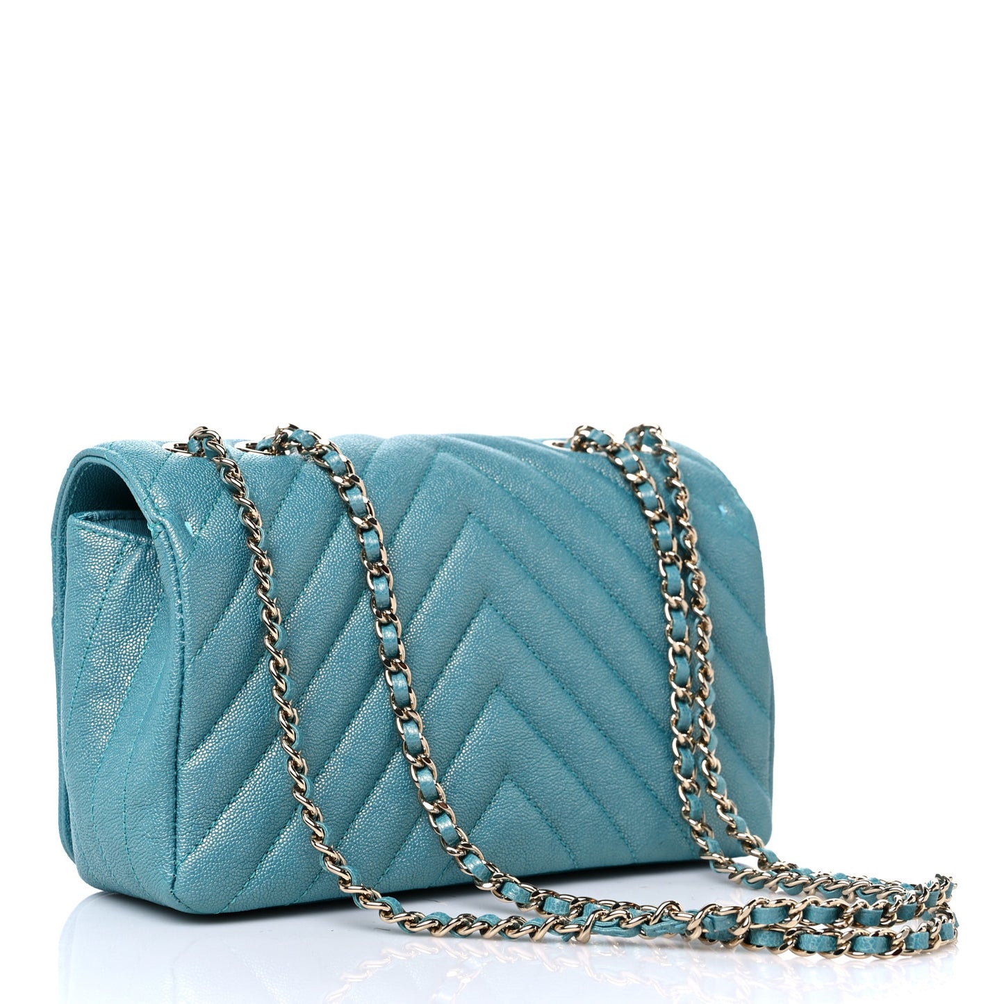 Metallic Caviar Chevron Quilted Medium Statement Flap Turqouise