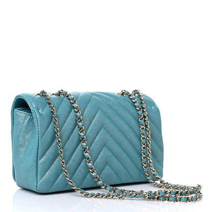 Chanel Metallic Caviar Chevron Quilted Medium Statement Flap Turqouise 3 of 10