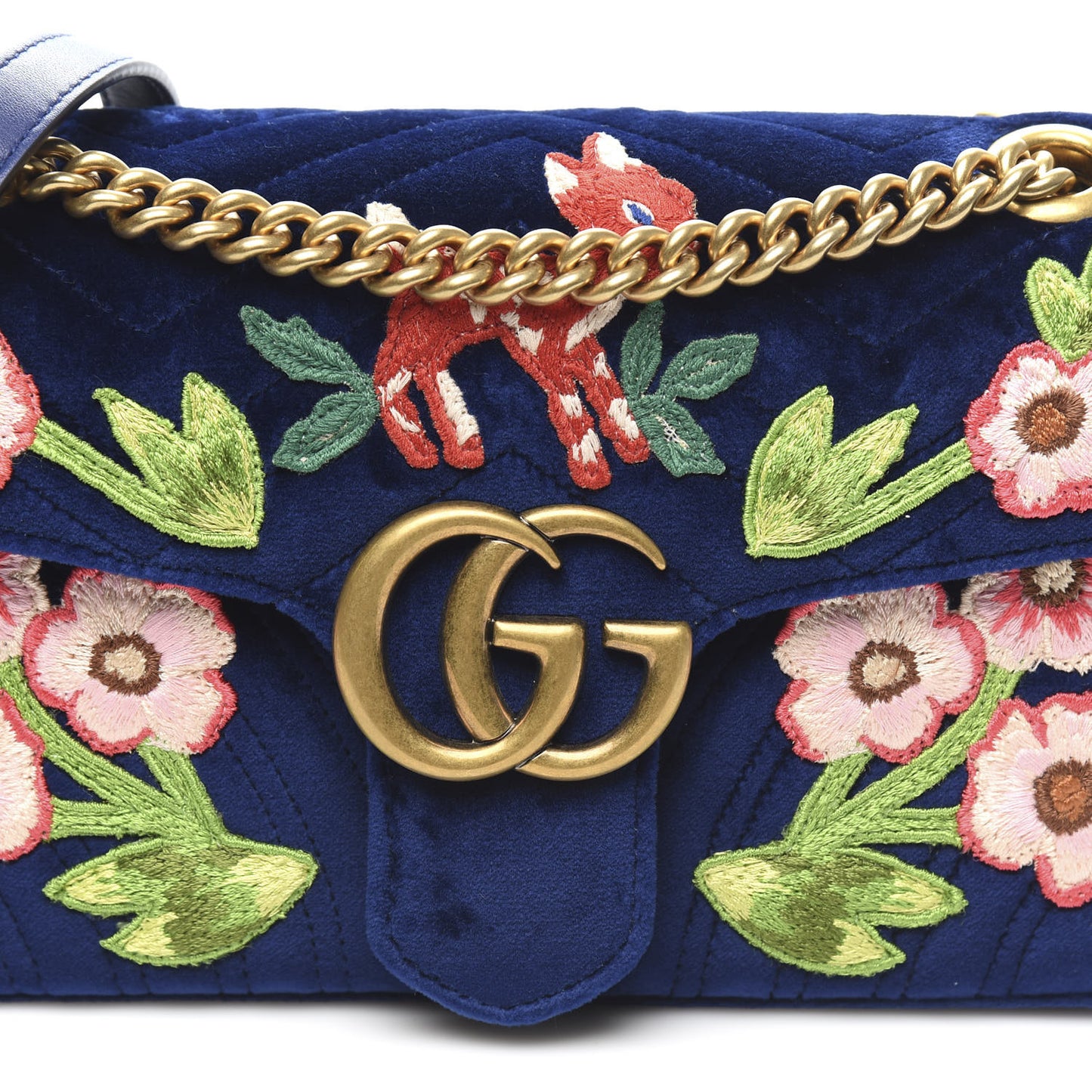 Velvet Matelasse Deer Embroidered Small GG Marmont Shoulder Bag Cobalt