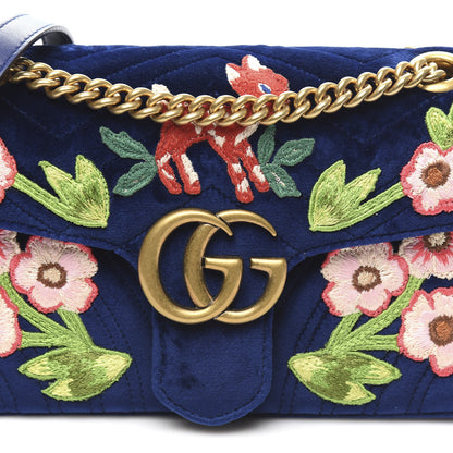 Gucci Velvet Matelasse Deer Embroidered Small GG Marmont Shoulder Bag Cobalt 10 of 10