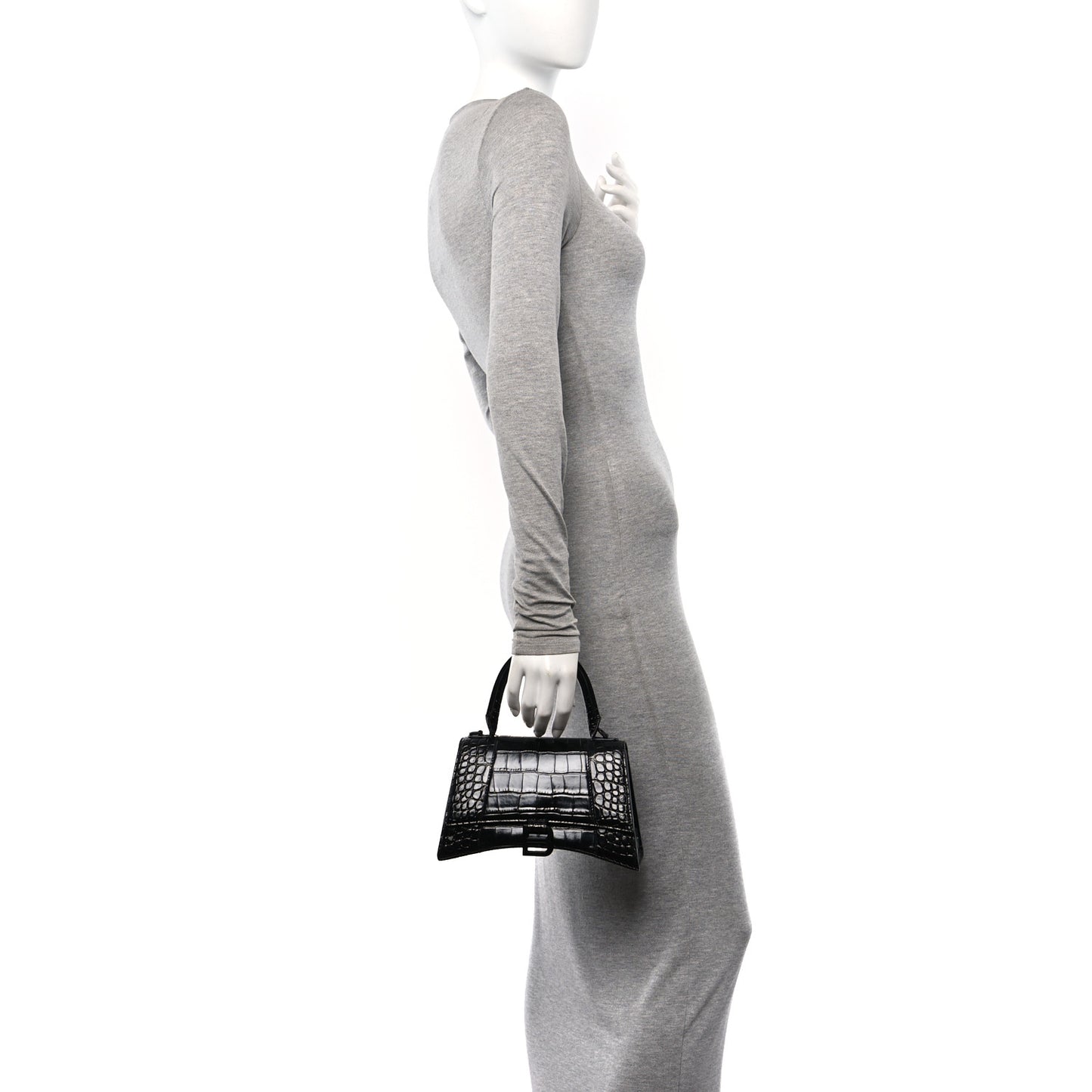 Shiny Calfskin Monochrome Crocodile Embossed Small Hourglass Top Handle Bag Black