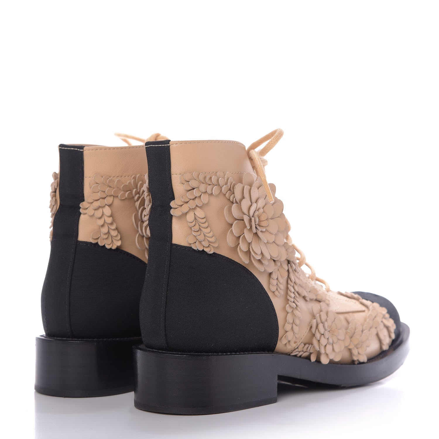 Chanel Embroidered Lambskin Grosgrain Lace Up Boots 38.5 Beige Black 4 of 11