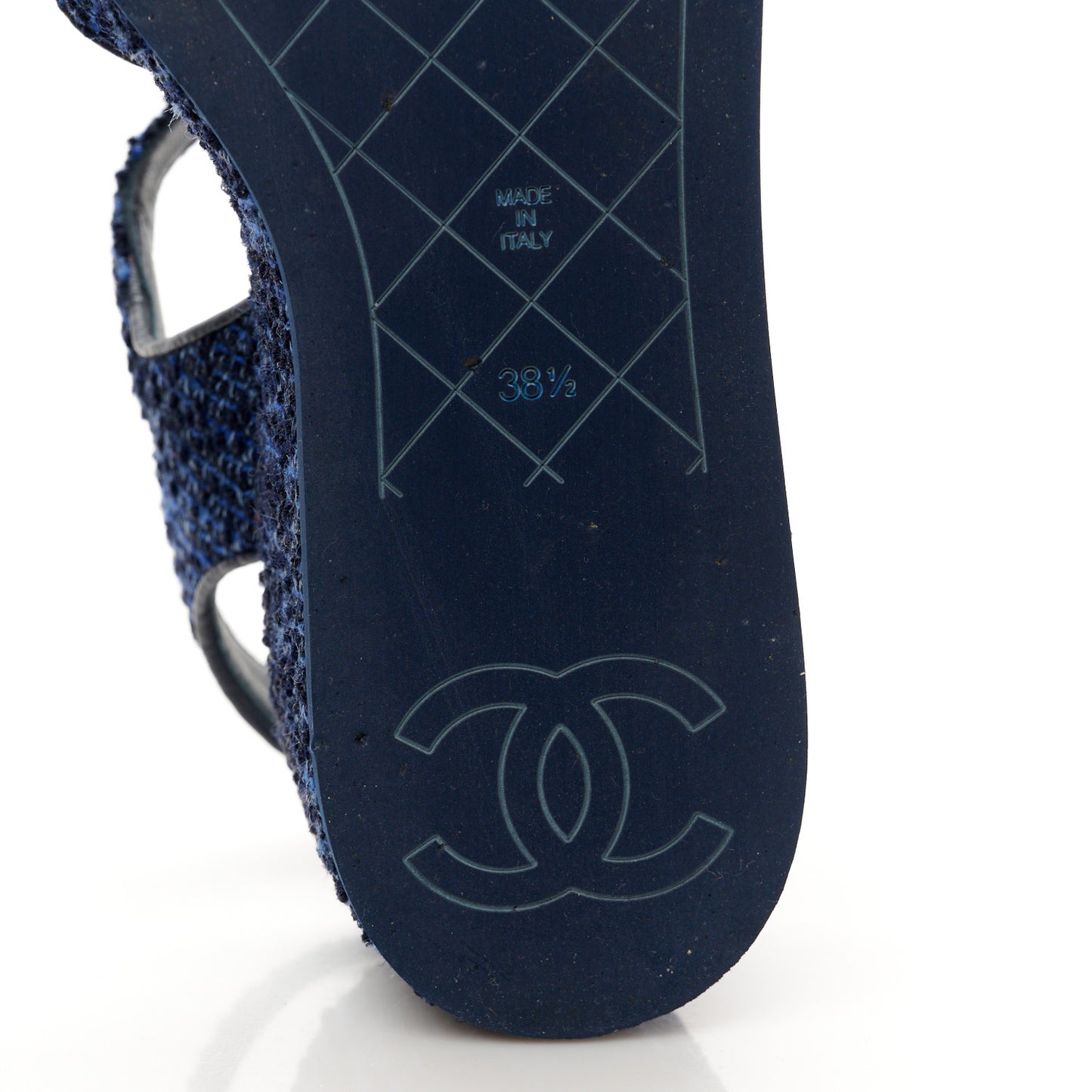 Silk Linen Tweed Quilted CC Platform Sandals 38.5 Navy Blue Gray