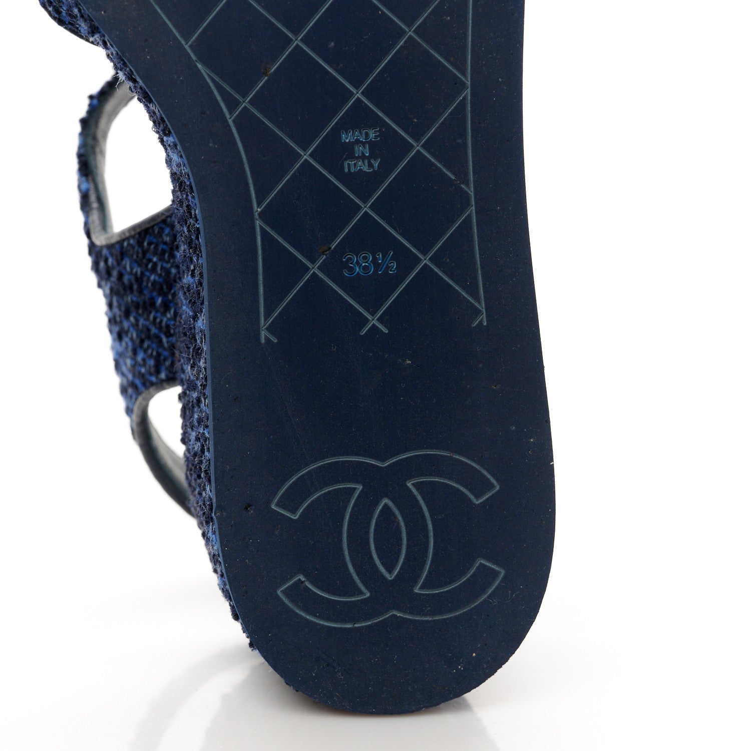 Chanel Silk Linen Tweed Quilted CC Platform Sandals 38.5 Navy Blue Gray 8 of 9