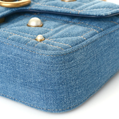 Gucci Denim Matelasse Pearl Studded Mini GG Marmont Shoulder Bag Blue 9 of 9