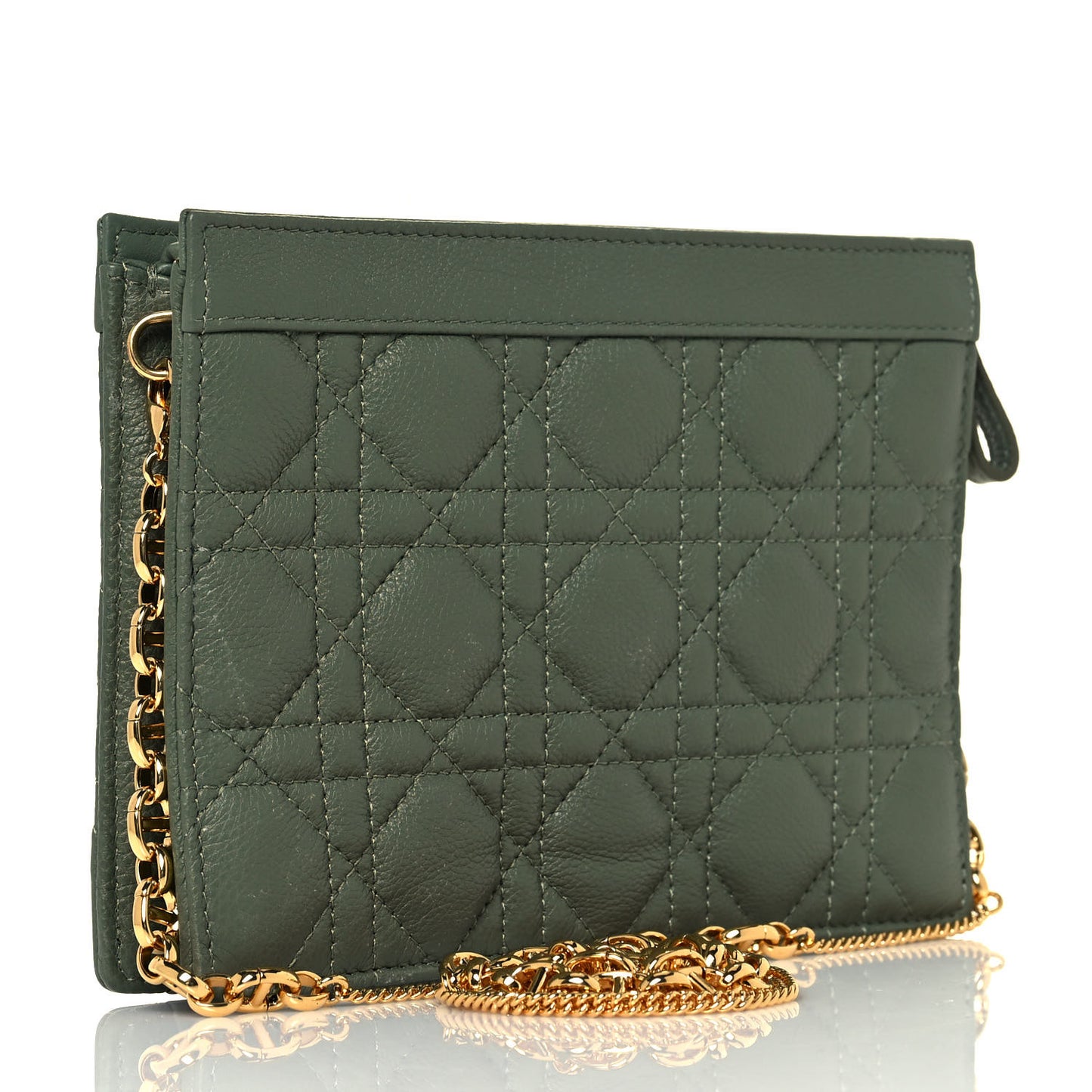 Calfskin Cannage Caro Zipped Pouch With Chain Cedar Green