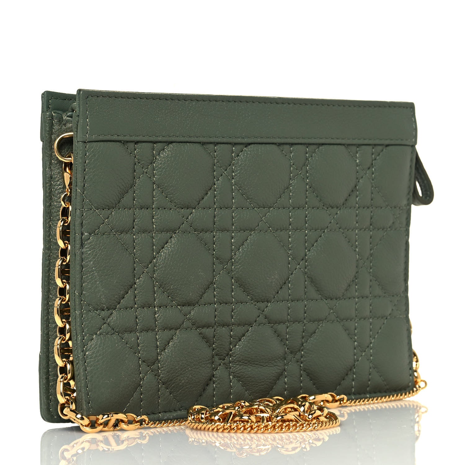 Christian Dior Calfskin Cannage Caro Zipped Pouch With Chain Cedar Green 2 of 11