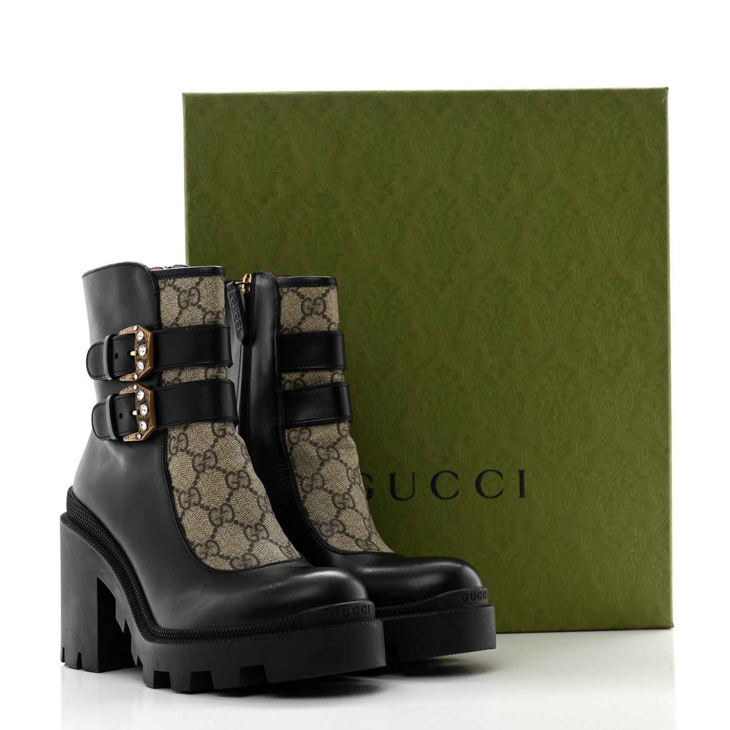 Gucci Kensington Calfskin Nappa GG Supreme Monogram Womens Double Buckle Ankle Boots 37.5 Black 14 of 14