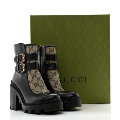 Gucci Kensington Calfskin Nappa GG Supreme Monogram Womens Double Buckle Ankle Boots 37.5 Black 14 of 14