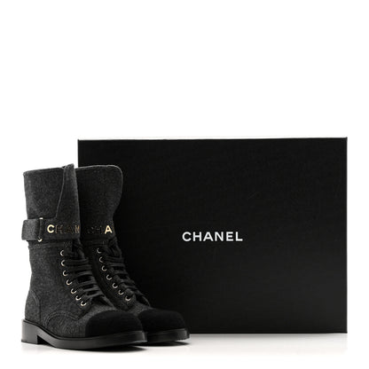 Chanel Tweed Lace Up Combat Boots 37.5 Dark Grey Black 26 of 26