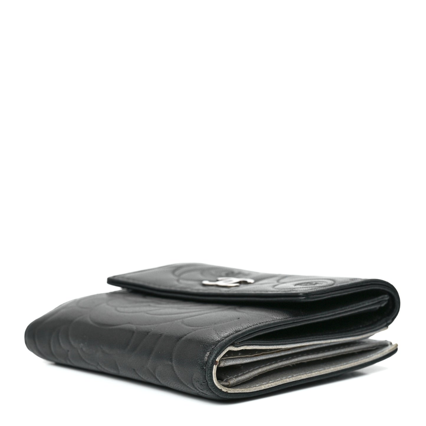 Lambskin Camellia Embossed Small Double Wallet Black