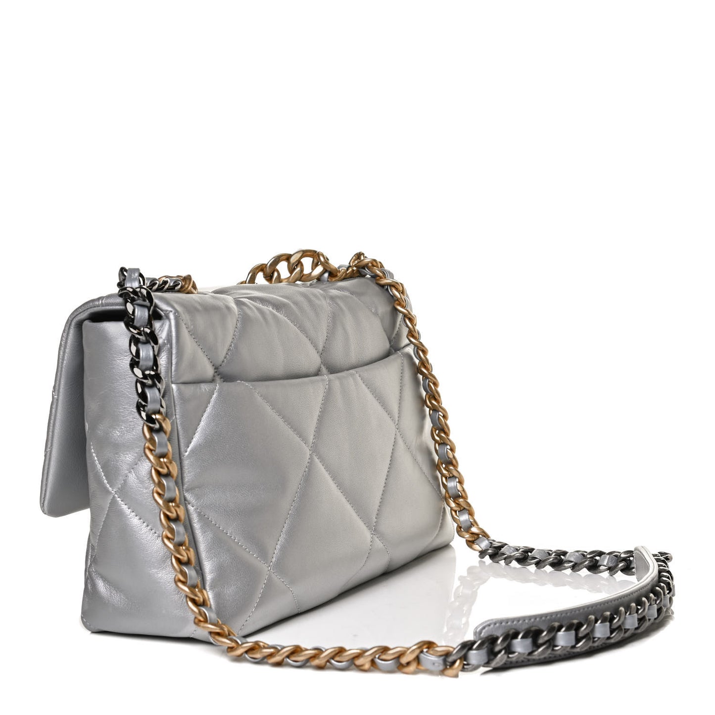 Metallic Goatskin Quilted Large Chanel 19 Flap Silver