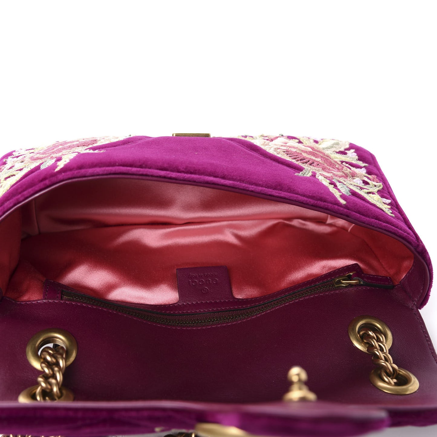 Velvet Matelasse Embroidered Small GG Marmont Shoulder Bag Fuchsia Violet Cyclamen