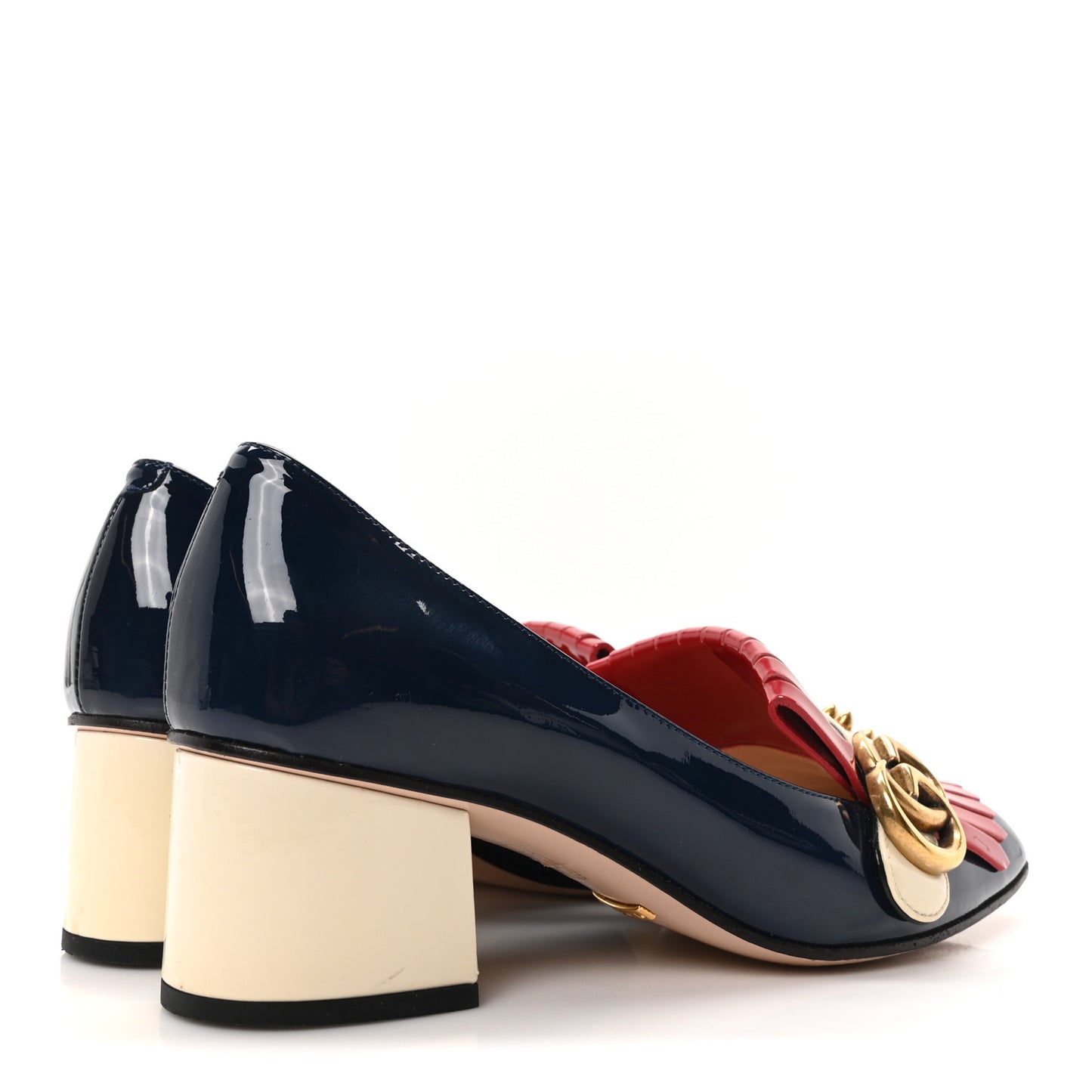 Vernice Studded GG Marmont Fringe 50mm Loafer Pumps 37.5 Blue Agata Hibiscus Red Mystic White