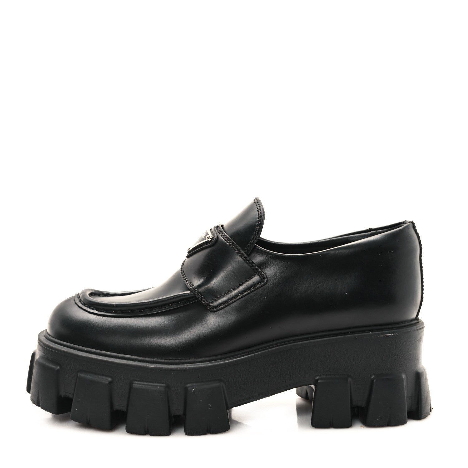 Prada Spazzolato Rois Metal Triangle Logo Monolith 55mm Loafers 35 Black 1 of 9
