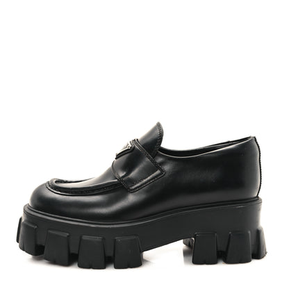 Prada Spazzolato Rois Metal Triangle Logo Monolith 55mm Loafers 35 Black 1 of 9