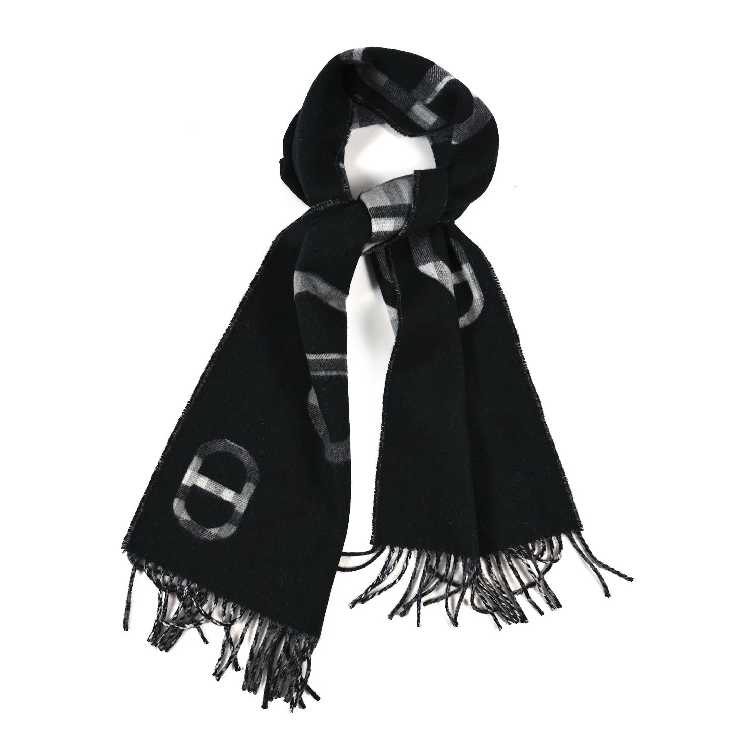Hermes Cashmere Tartan Maillons Muffler Black Grey 1 of 3