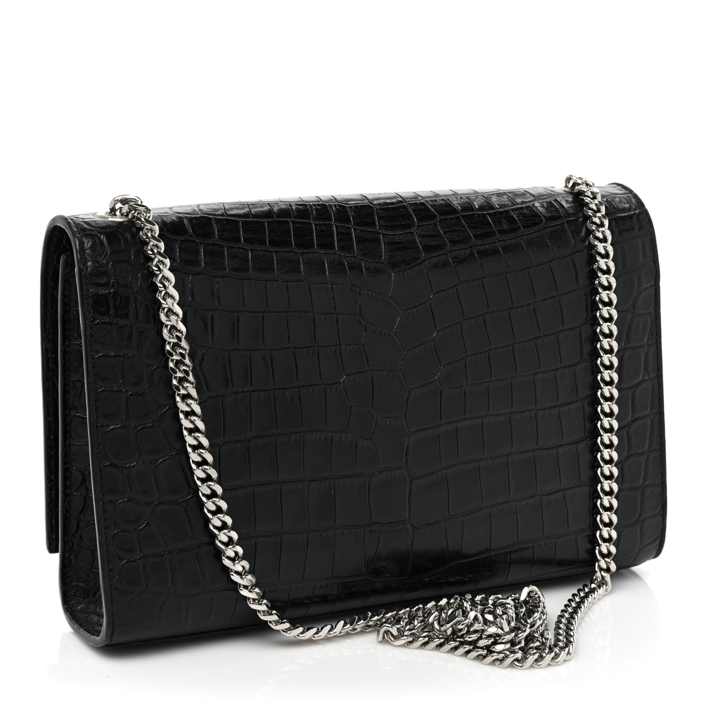 Calfskin Crocodile Embossed Medium Classic Monogram Kate Tassel Satchel Black