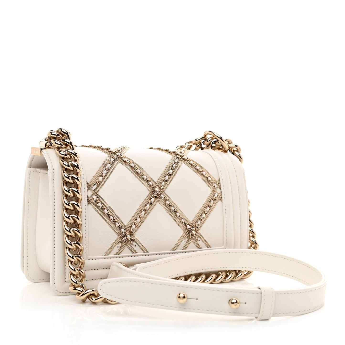 Calfskin Quilted Chain Embellished Small Boy Flap White