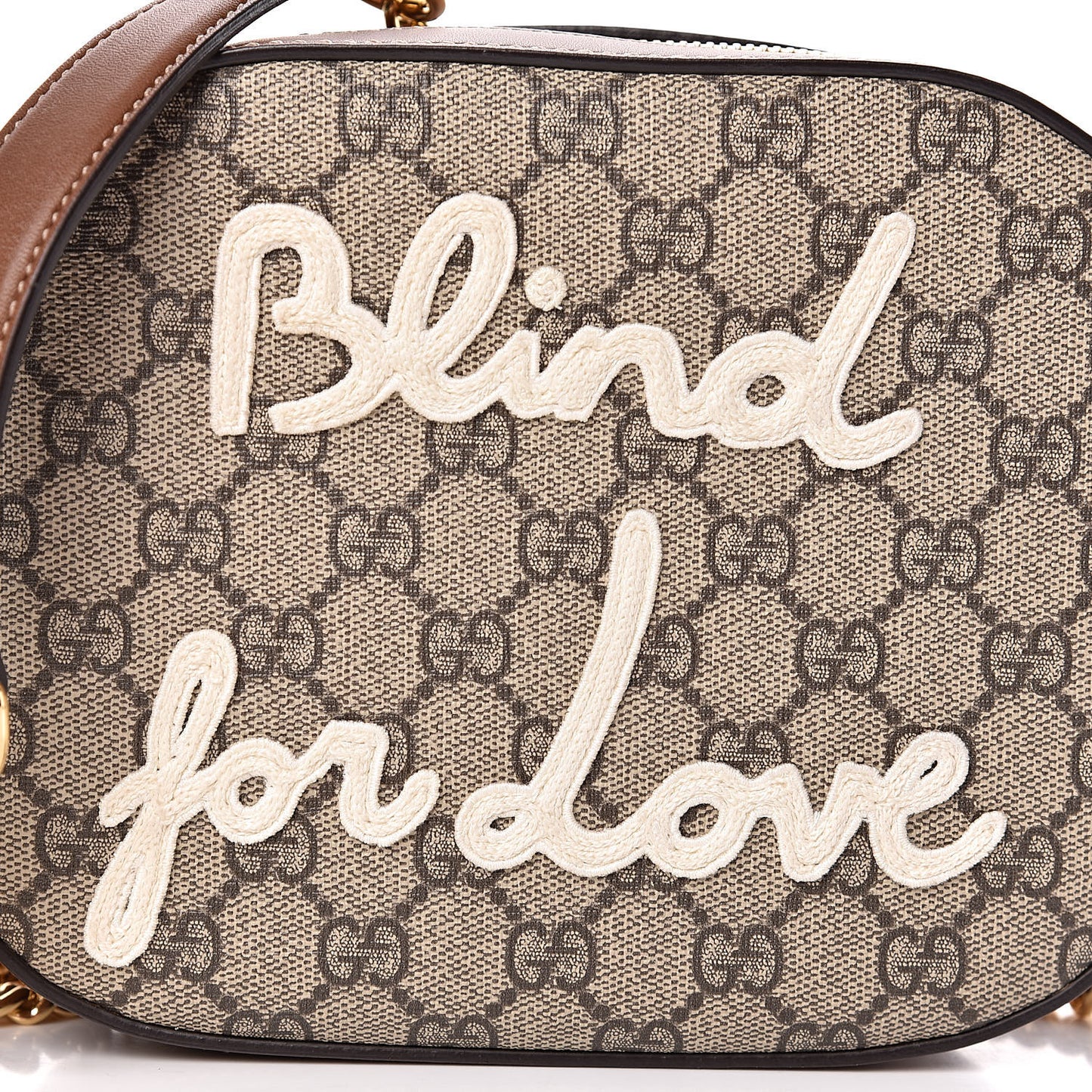 GG Supreme Monogram Blind For Love Embroidered Mini Chain Shoulder Bag Beige Tuscany