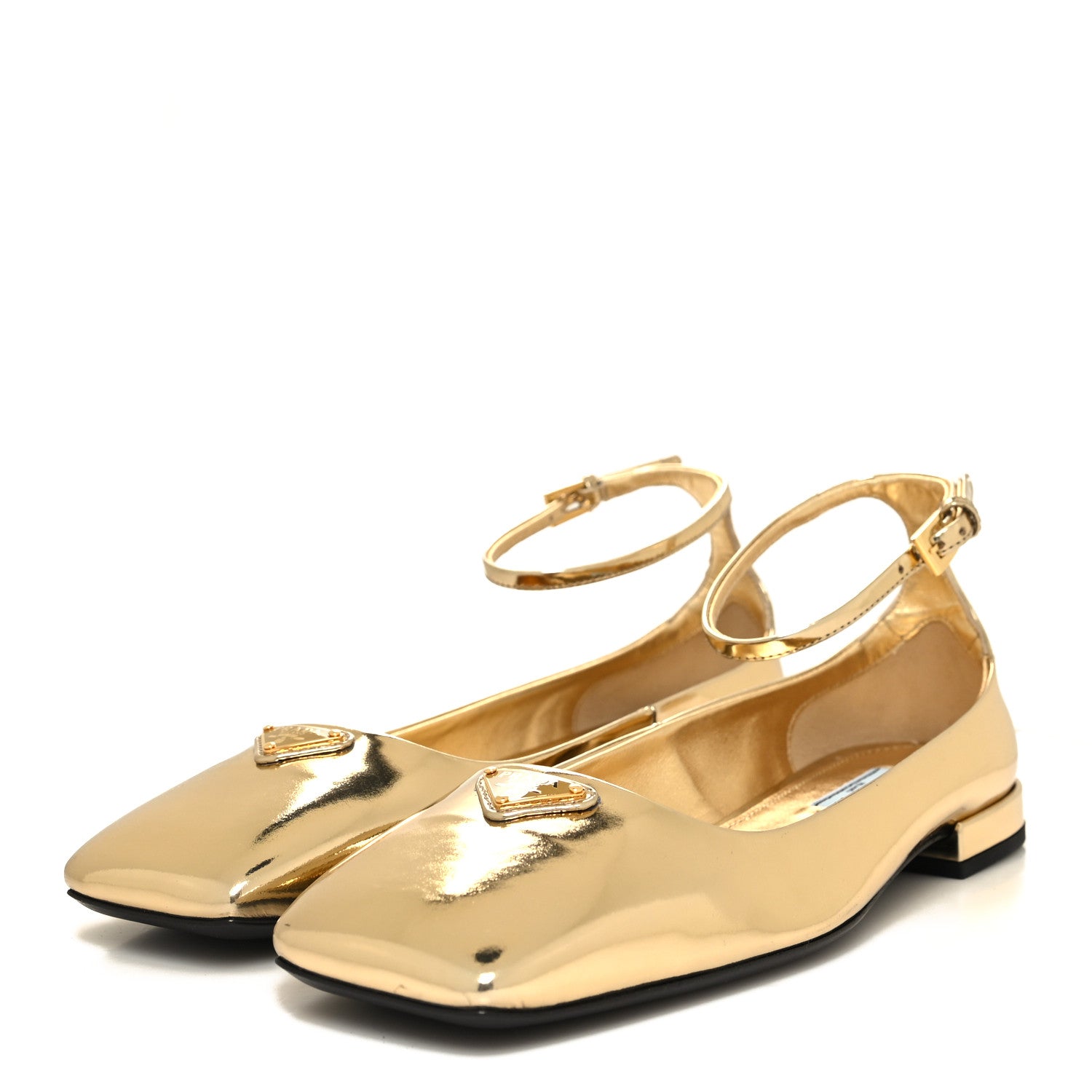 Prada Metallic Calfskin Metal Triangle Logo Ankle Strap Ballerinas 37 Platino 3 of 8