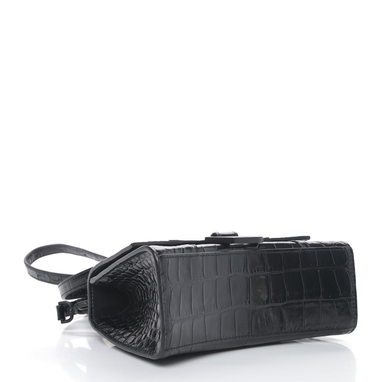 Shiny Calfskin Monochrome Crocodile Embossed Hourglass Top Handle Bag XS Black