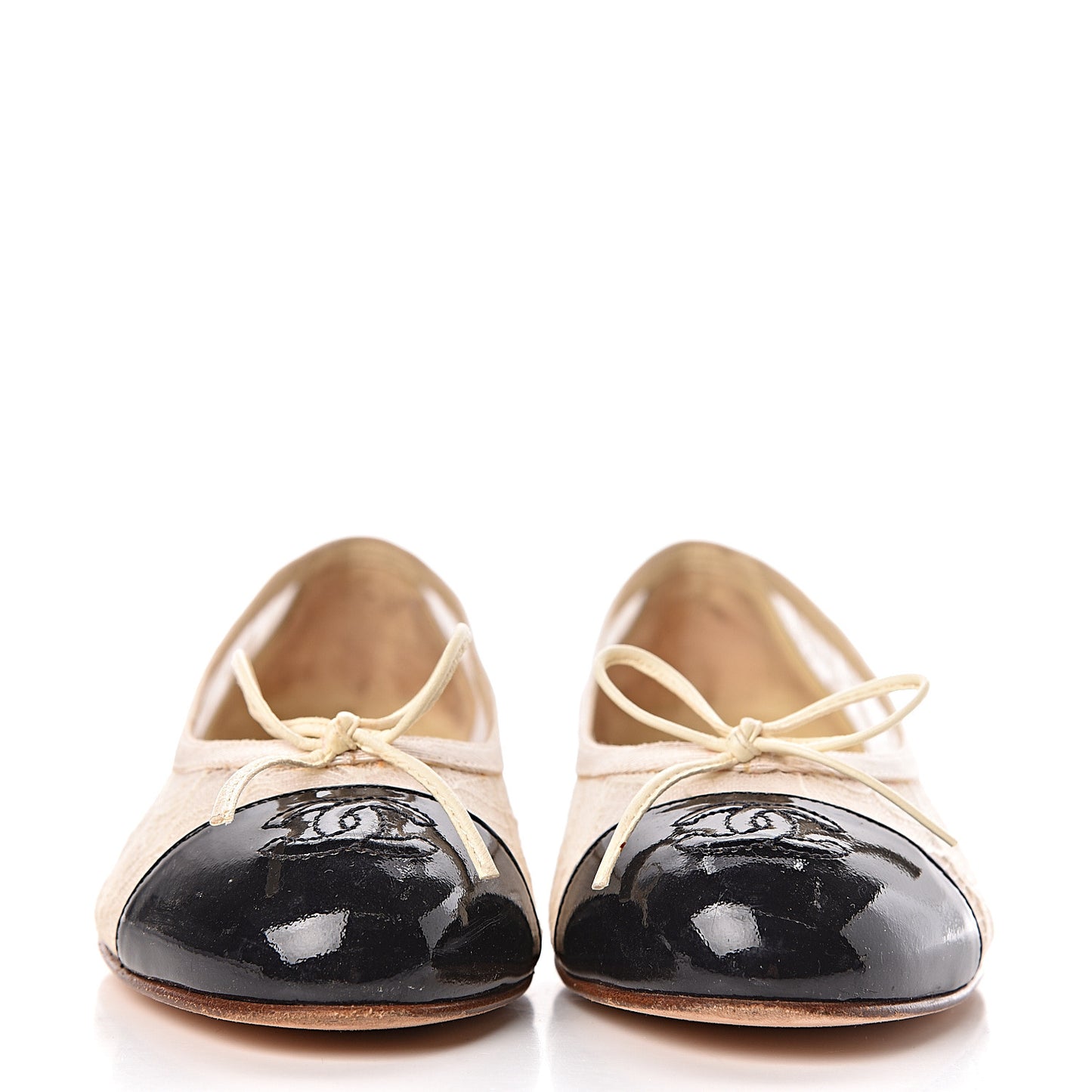 Lace Patent Calfskin Cap Toe CC Ballerina Flats 36.5 Off White Black