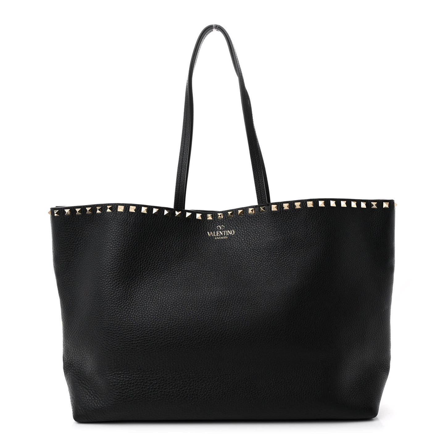 Grained Calfskin Rockstud Shoulder Tote Black