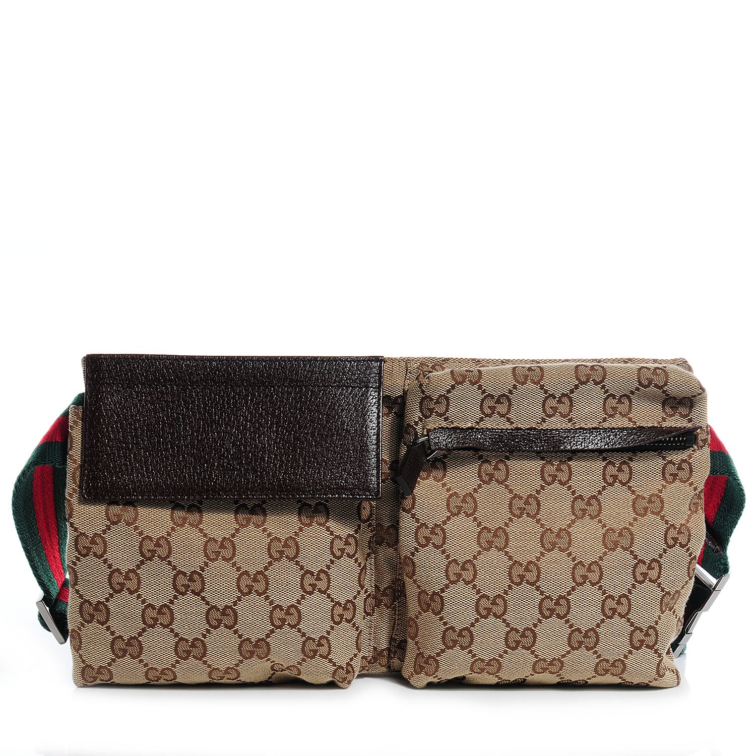 Gucci GG Monogram Web Double Pocket Belt Bag Dark Brown 1 of 8