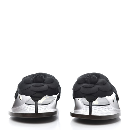 Chanel Grosgrain Camellia Thong Sandals 37 Black 3 of 9