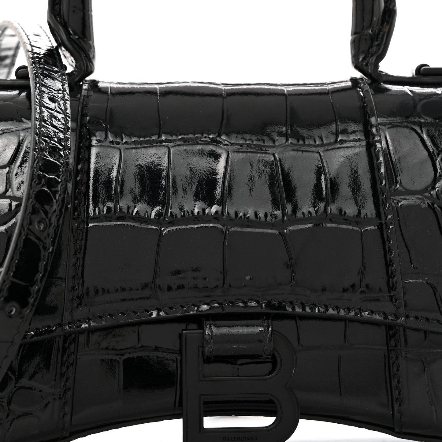Shiny Calfskin Monochrome Crocodile Embossed Hourglass Top Handle Bag XS Black
