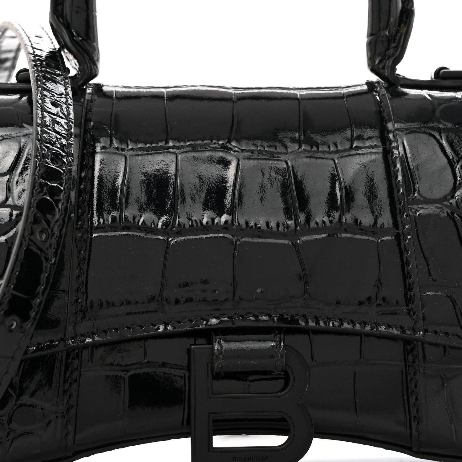 Balenciaga Shiny Calfskin Monochrome Crocodile Embossed Hourglass Top Handle Bag XS Black 9 of 11