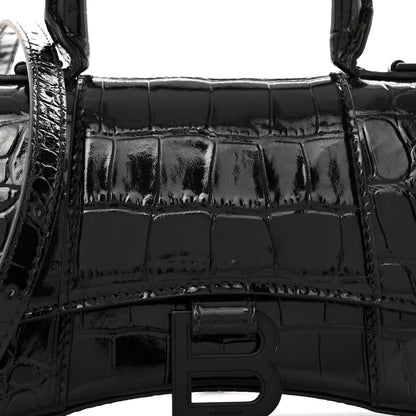 Balenciaga Shiny Calfskin Monochrome Crocodile Embossed Hourglass Top Handle Bag XS Black 9 of 11