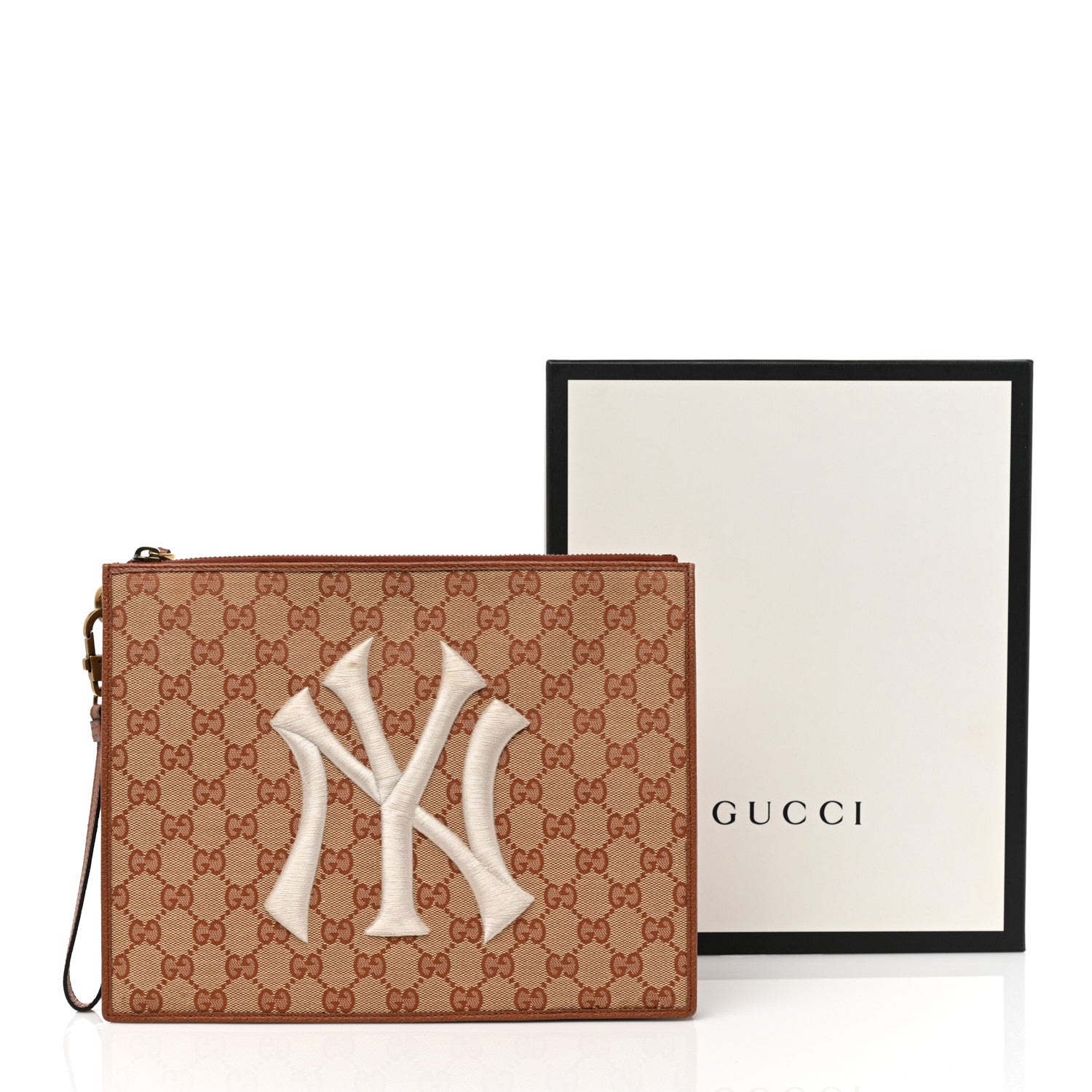 Gucci X MLB GG Monogram NY Yankees Zip Wristlet Pouch Beige Ruggine Ivory 11 of 11
