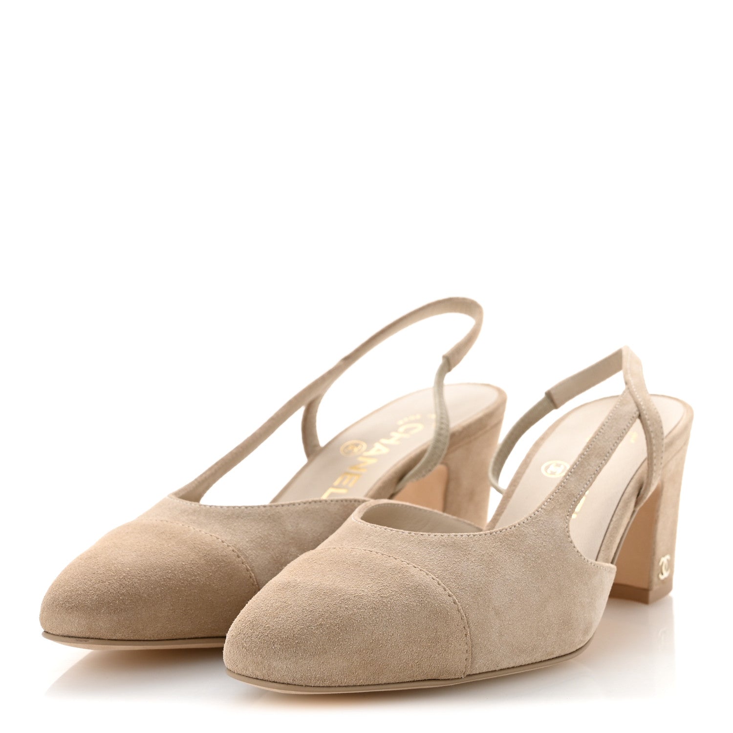 Chanel Suede Cap Toe CC Slingback Pumps 37 Ivory Light Beige 4 of 10