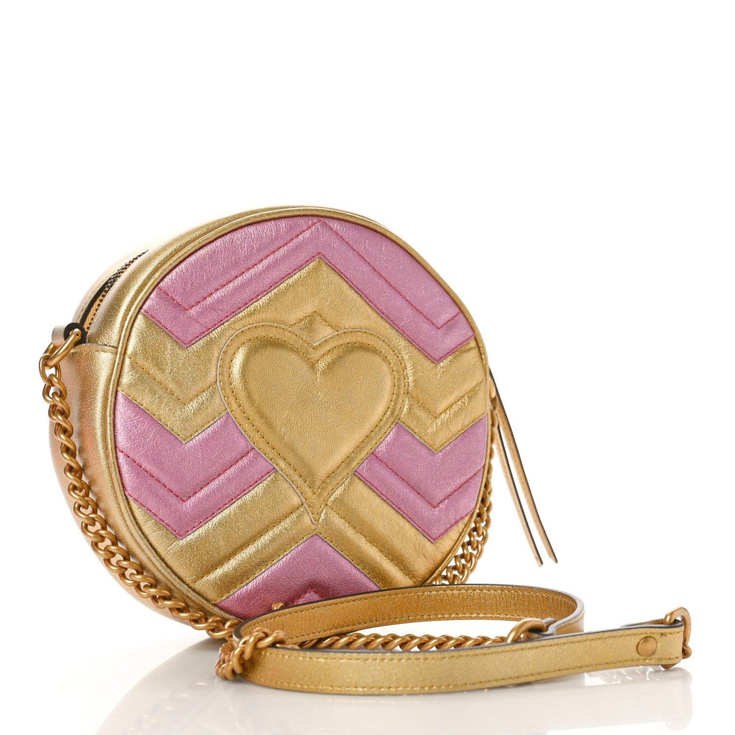 Gucci Metallic Nappa Matelasse Heart Mini GG Marmont Round Shoulder Bag Oro Vecchio Rosa 3 of 9
