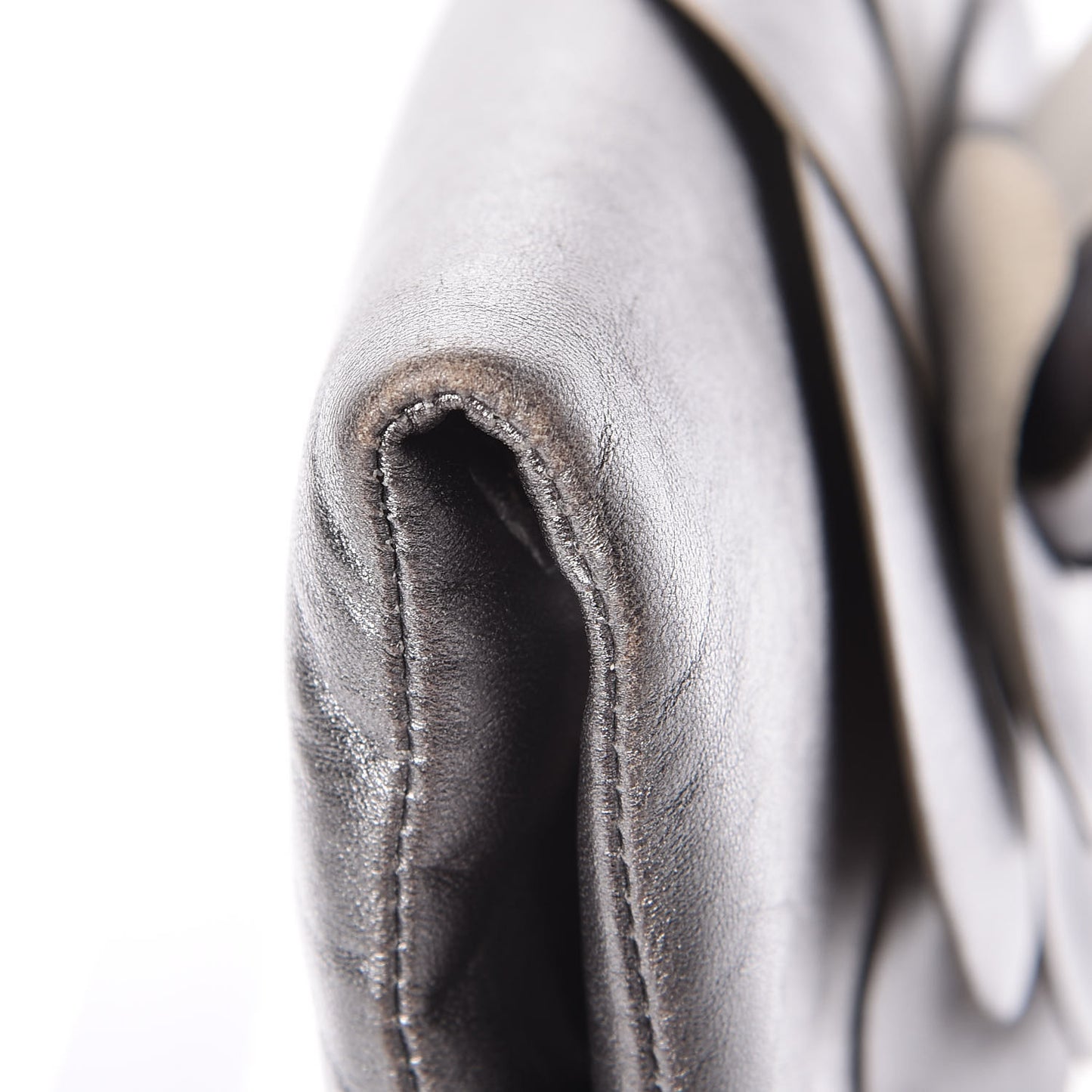 Metallic Lambskin Camellia Beauty Clutch Silver