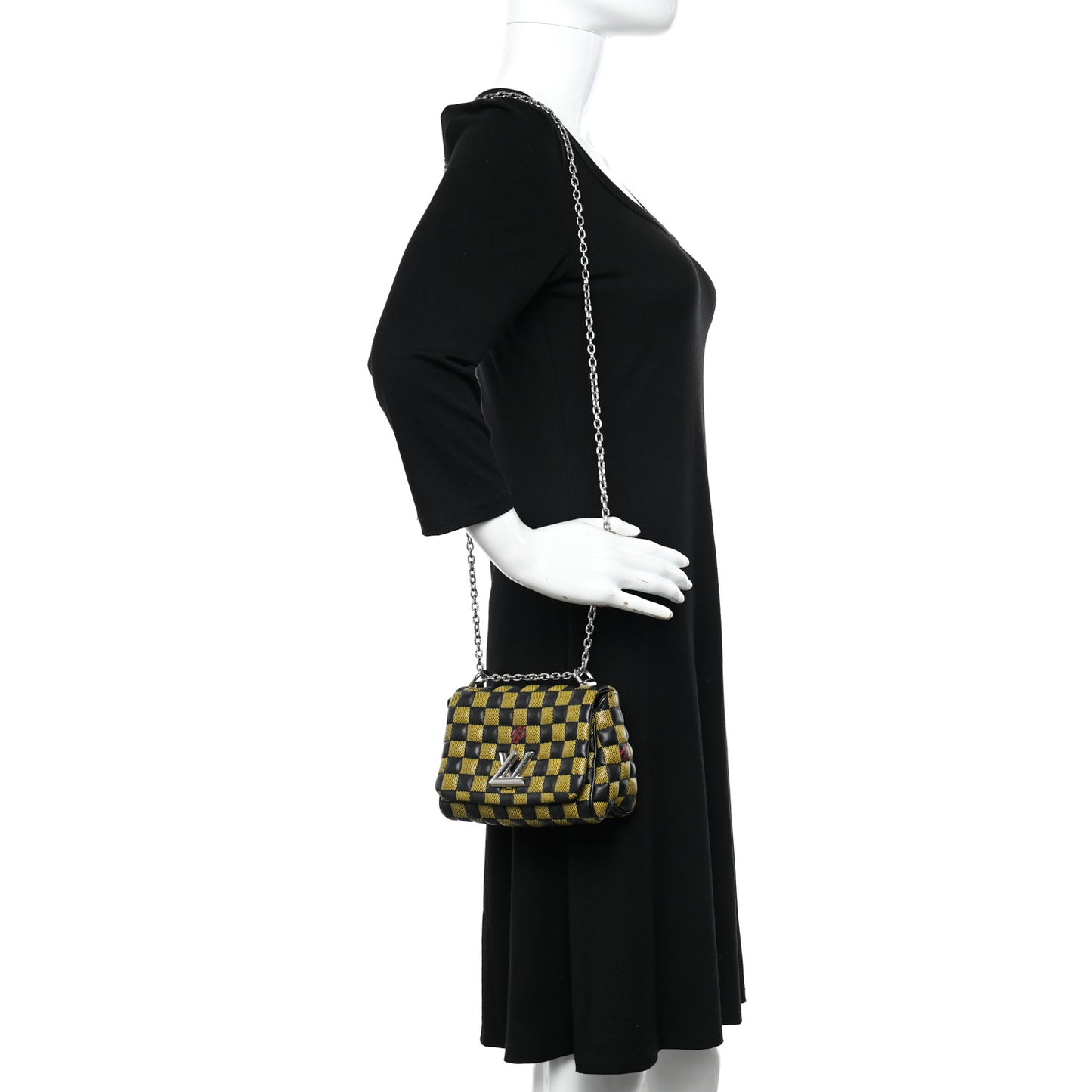 Calfskin Damier Twist Shoulder Bag BB Black Yellow
