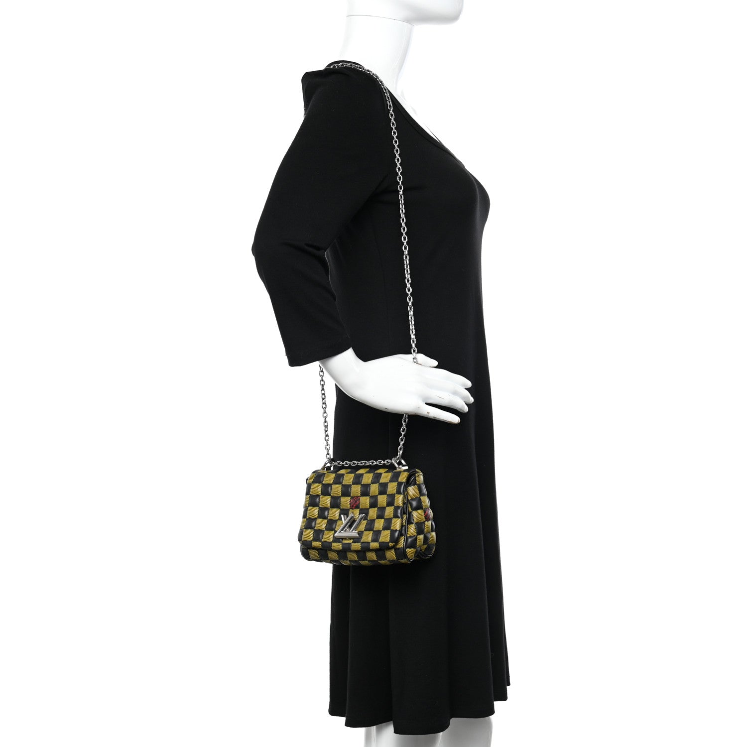 Louis Vuitton Calfskin Damier Twist Shoulder Bag BB Black Yellow 2 of 11