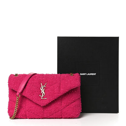 Saint Laurent Boucle Tweed Quilted Toy Loulou Puffer Monogram Chain Satchel Magenta 14 of 14