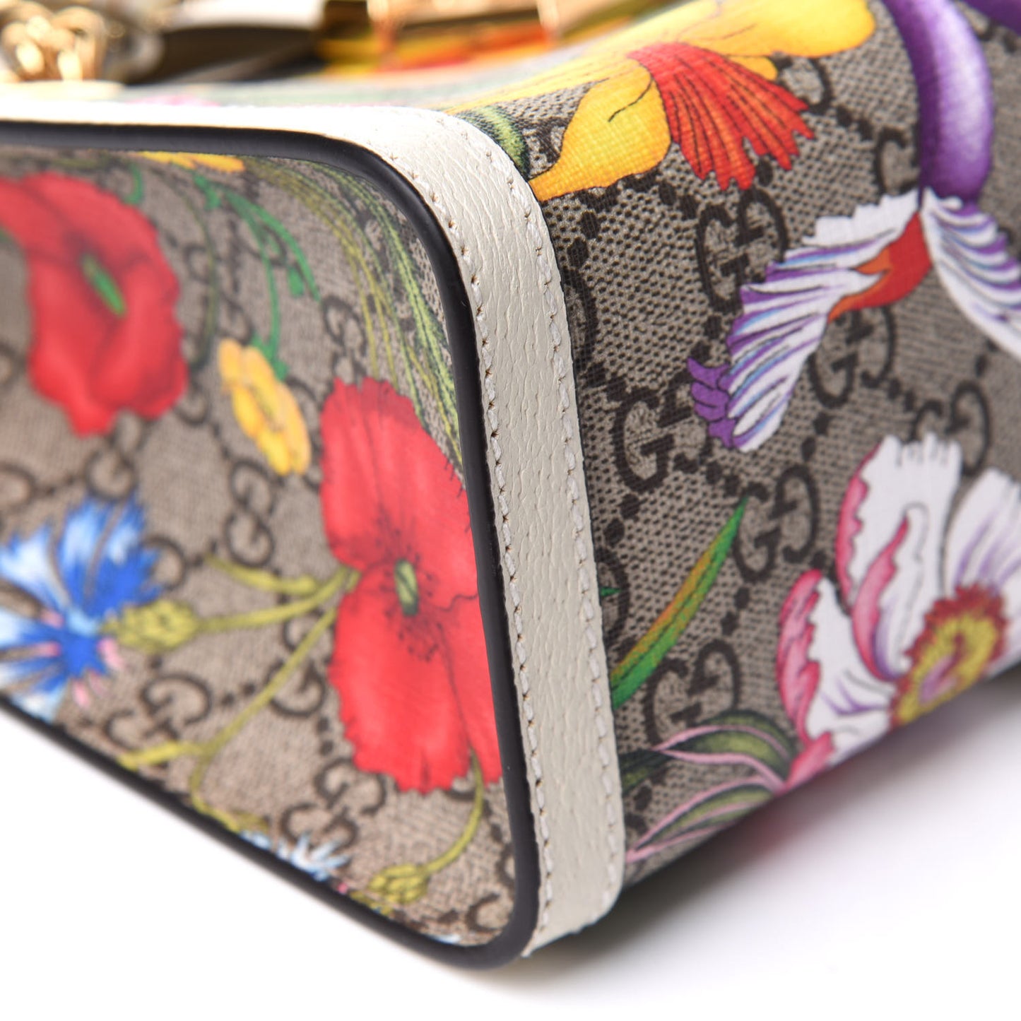 GG Supreme Monogram Flora Textured Calfskin Small Padlock Tote Beige Ebony Multicolor Mystic White
