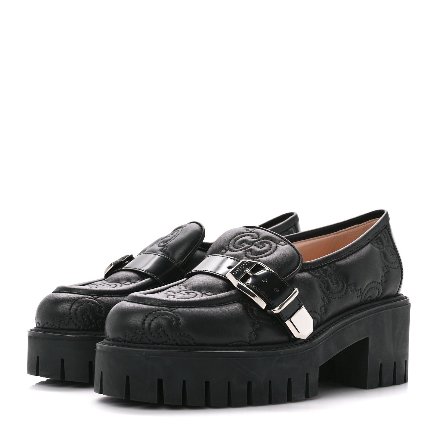 Nappa Cordovan Lux GG Matelasse Buckled Platform Lug Sole 60mm Loafers 37.5 Black