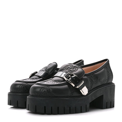 Gucci Nappa Cordovan Lux GG Matelasse Buckled Platform Lug Sole 60mm Loafers 37.5 Black 3 of 9