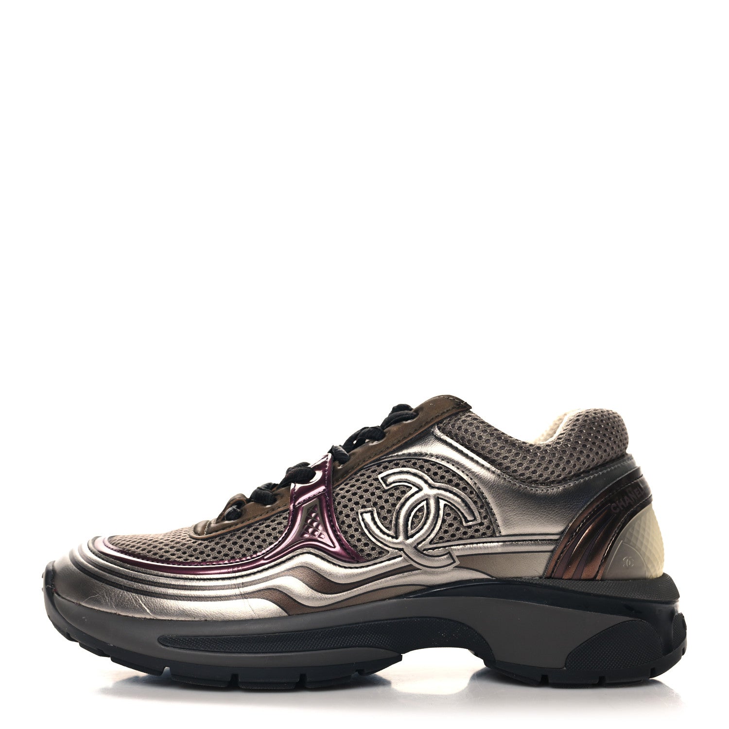 Chanel Fabric Laminated Calfskin Stretch CC Womens Sneakers 37 Khaki Silver Dark Purple 1 of 8