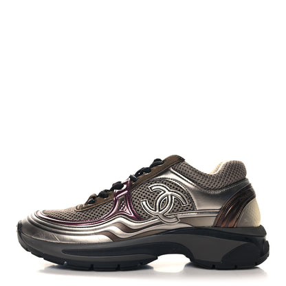 Chanel Fabric Laminated Calfskin Stretch CC Womens Sneakers 37 Khaki Silver Dark Purple 1 of 8