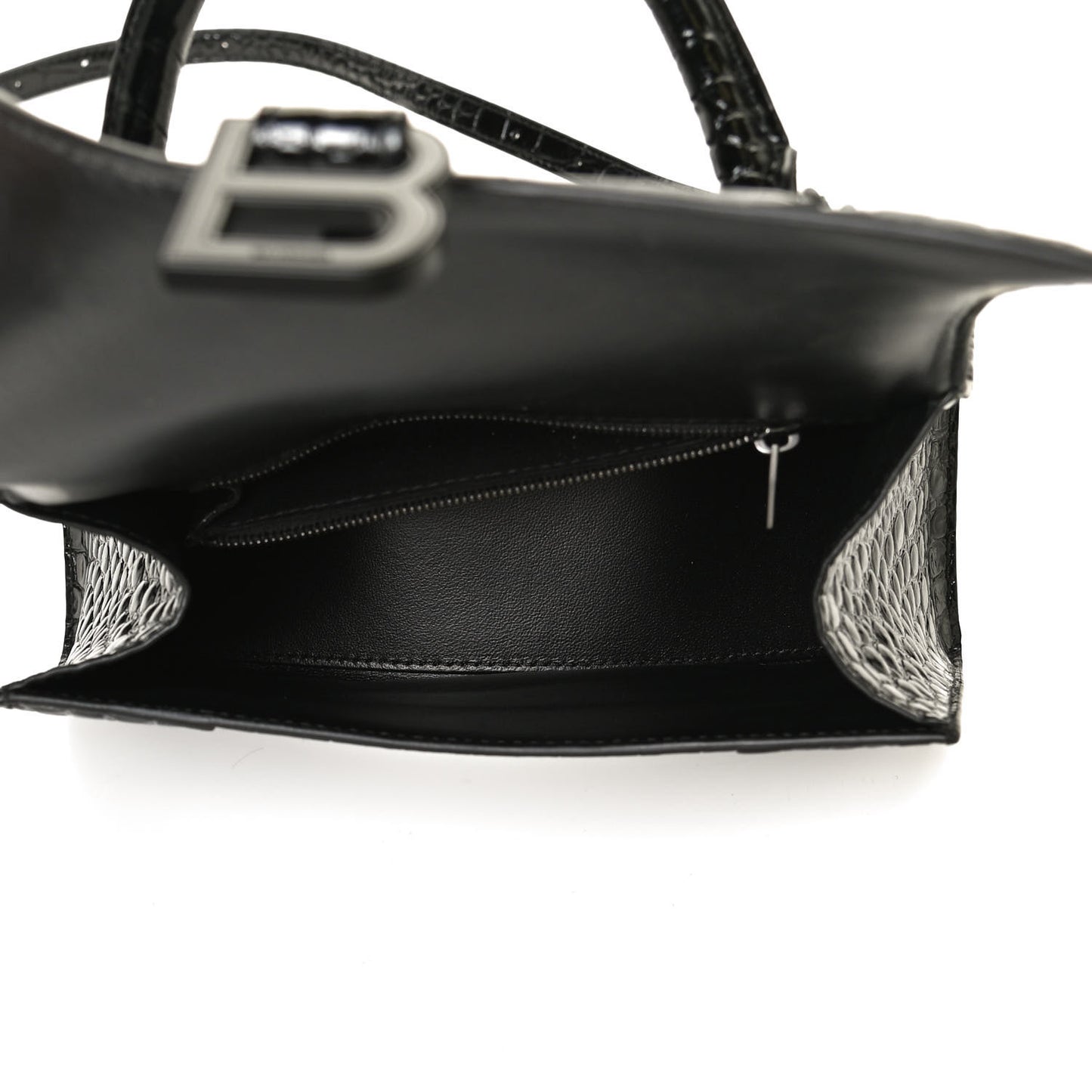 Shiny Calfskin Monochrome Crocodile Embossed Small Hourglass Top Handle Bag Black