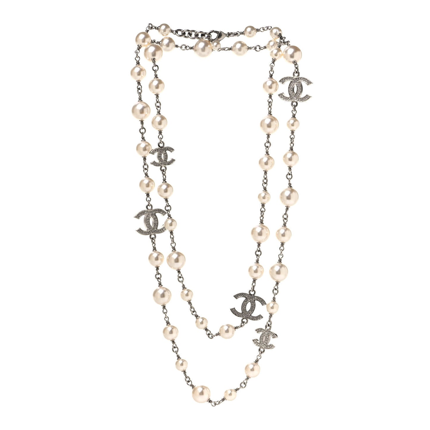 Graduated Pearl Crystal CC Long Necklace Silver